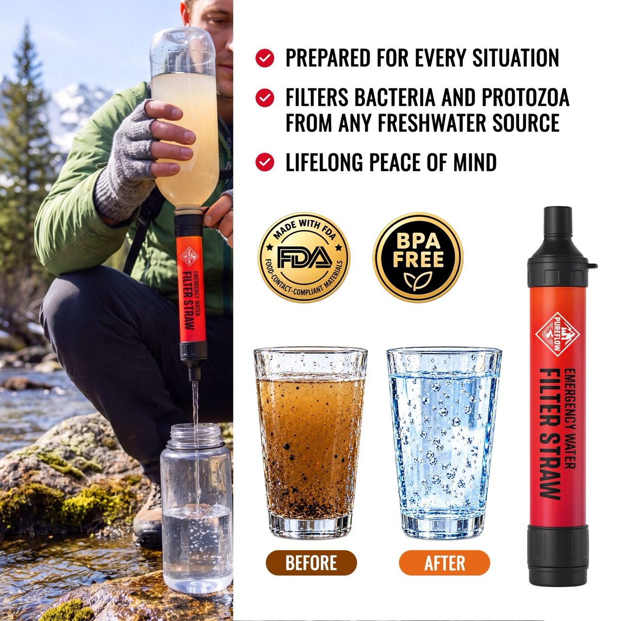 PureFlow Emergency Water Filter Straw